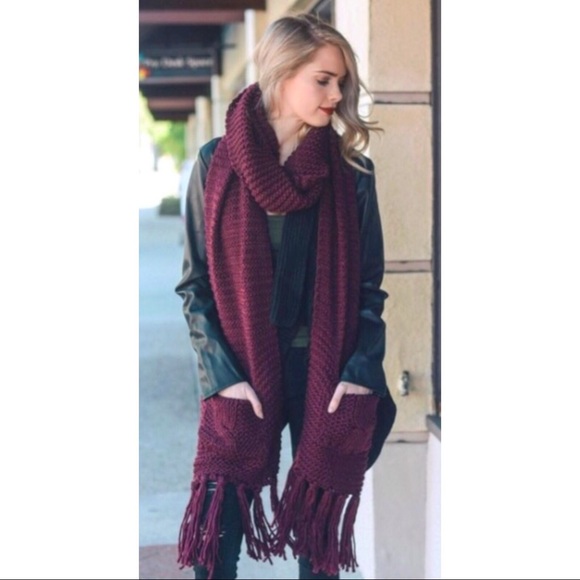 SALE-LONG BURGUNDY SCARF W// TWO FRONT POCKETS - Picture 3 of 3